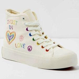 American Eagle White Rainbow Soles Pride Canvas High-Top Platform Sneakers